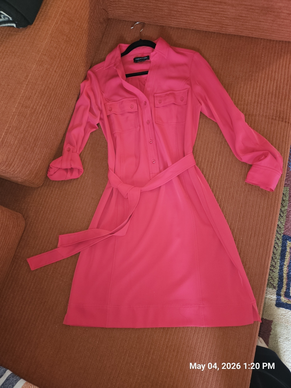 Jones New York Hot Pink Long-Sleeve Shirt Dress with Tie Waist - Picture 2 of 3